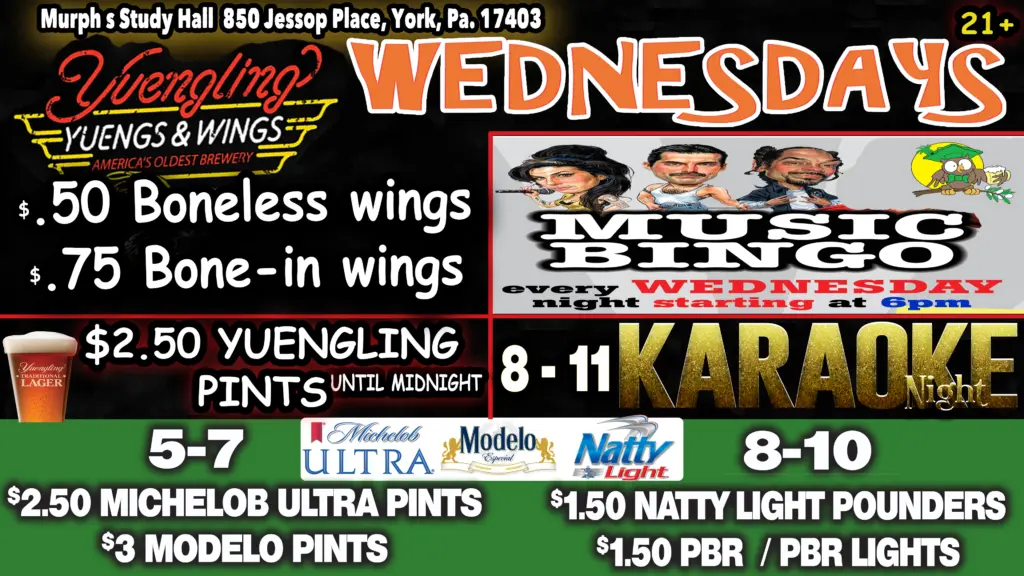 Wednesday Wings, Music Bingo, and Karaoke flyer